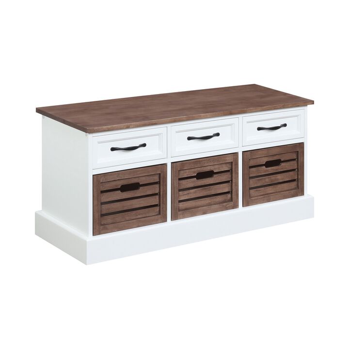 39 Inch Modern Storage Bench, 3 Drawers, Bar Handles, Wood, White, Brown-Benzara