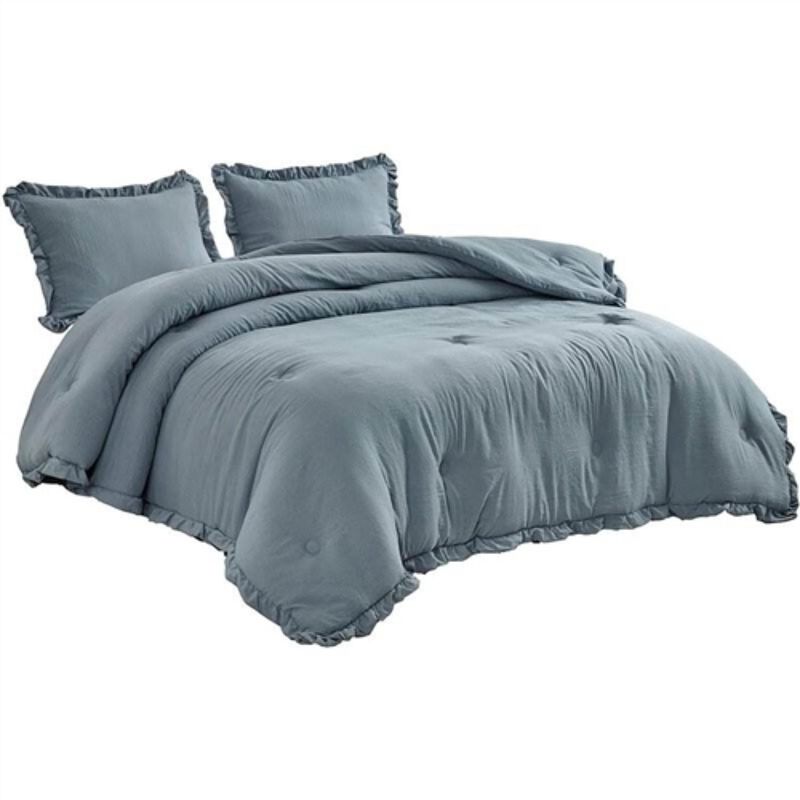 Hivvago Queen Oversized Blue Ruffled Edge Microfiber Comforter Set
