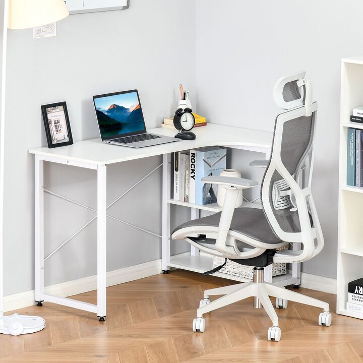 White Corner Workstation: L-Shaped Desk with Wide Top and Side Shelves