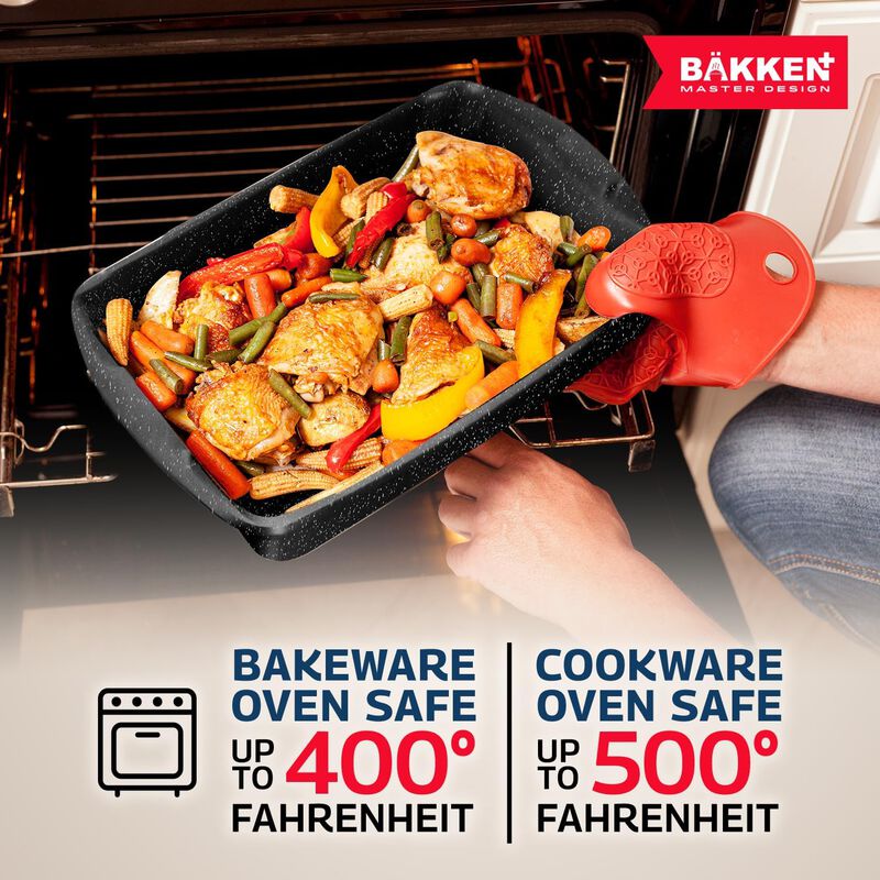 Bakken Master 38 Piece Granite Cookware and Bakeware Set – Nonstick Granite Coating, Pots and Pans with Detachable Handles and Tempered Glass Lids, 6-piece Bakeware set, 12-piece Mixing Bowls