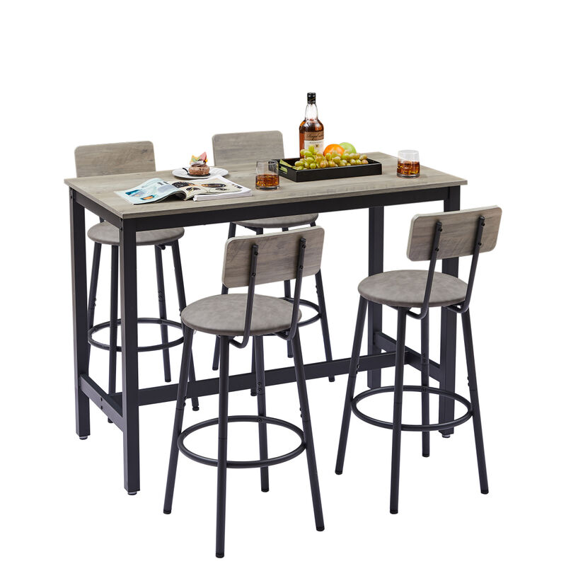 Bar Table Set With 4 Bar Stools PU Soft Seat With Backrest, Grey, 47.24" L X 23.62" W X 35.43"