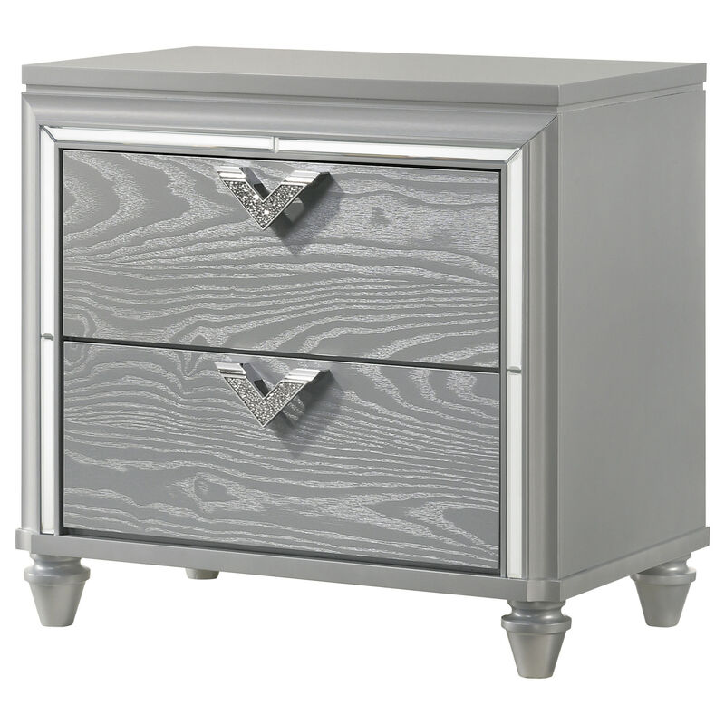 Haley Nightstand, 2 Drawers, V Shape Glittering Handles, Light Silver Wood - Benzara