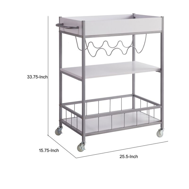 Kelcy 34 Inch Modern Kitchen Bar Cart, 3 Shelves, Wine Rack, Wheels, White - Benzara