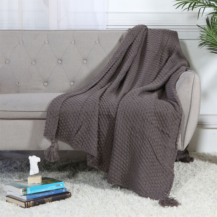 Legacy Decor Soft Knit Decorative Throw Blanket with Tassels, Charcoal Color 50” x 70”