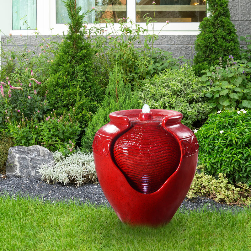 Teamson Home Outdoor Glazed Pot Floor Fountain with LED Lights, Red