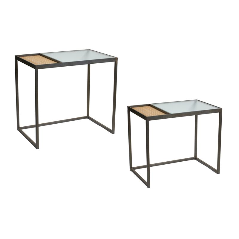 Side Table (Set of 2) 21.75" x 13.75"W x 18.75"H, 23.5" x 22"W x 15"H Iron/Wicker/Glass