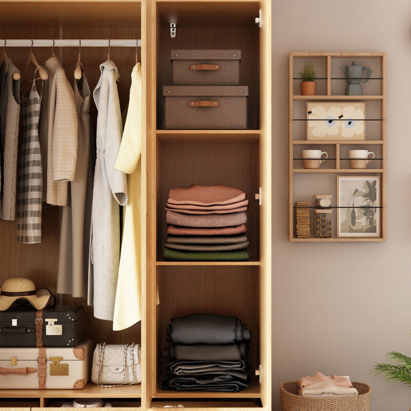 FUFU&GAGA Spacious 4-Door Wardrobe with Shelves, Drawers, and Hanging Rod, (63" W x 18.1" D x 66.9" H),Brown