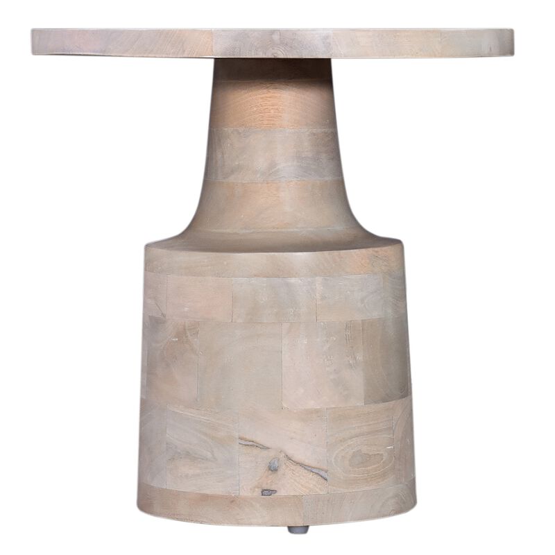 Side End Table, 18 Inch Round Top, Pedestal Base, Oak White Mango Wood - Benzara