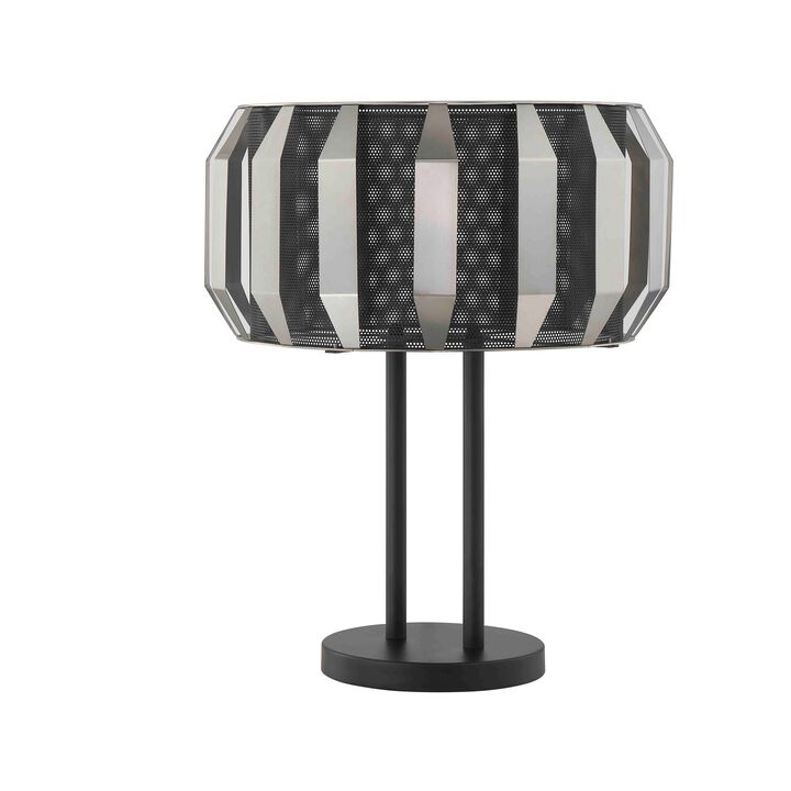 Pin 21 Inch Table Lamp, Wide Drum Metal Shade, Accent Round Base, Black-Benzara