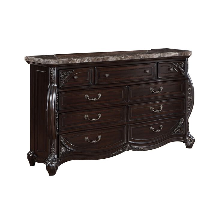 Benjara Faya 68 Inch Wide Dresser, 9 Drawers, Marble Top, Carved Walnut Wood, Brown, Silver