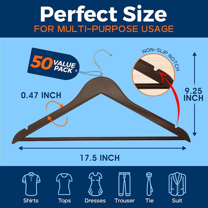 Wooden Clothes Hangers - 50 Pack, Durable, Non-Slip, Space-Saving Hangers for Dresses, Coats, and More, Holds Up to 10 lbs with 360° Swivel Hook, Brown Finish