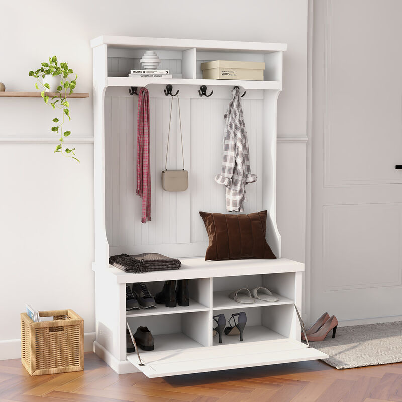 White Wood Hall Tree with Bench Shoe Cabinet