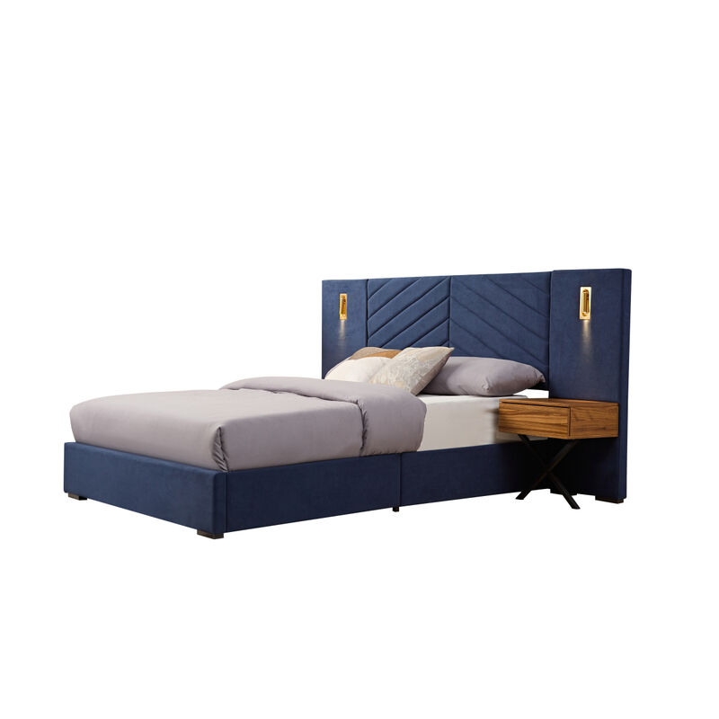 King Size Velvet Bed Frame/Vertical Channel Tufted Wingback Headboard/Upholstered Platform Bed/Strong Wooden Slats/No Box Spring Needed/Easy Assembly Royal blue