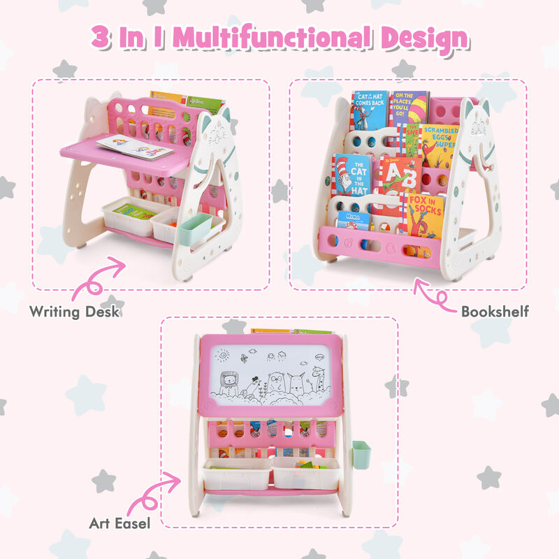 3-In-1 Double Sided Magnetic Dry-Erase Board with Stool and Flipped Writing Desktop