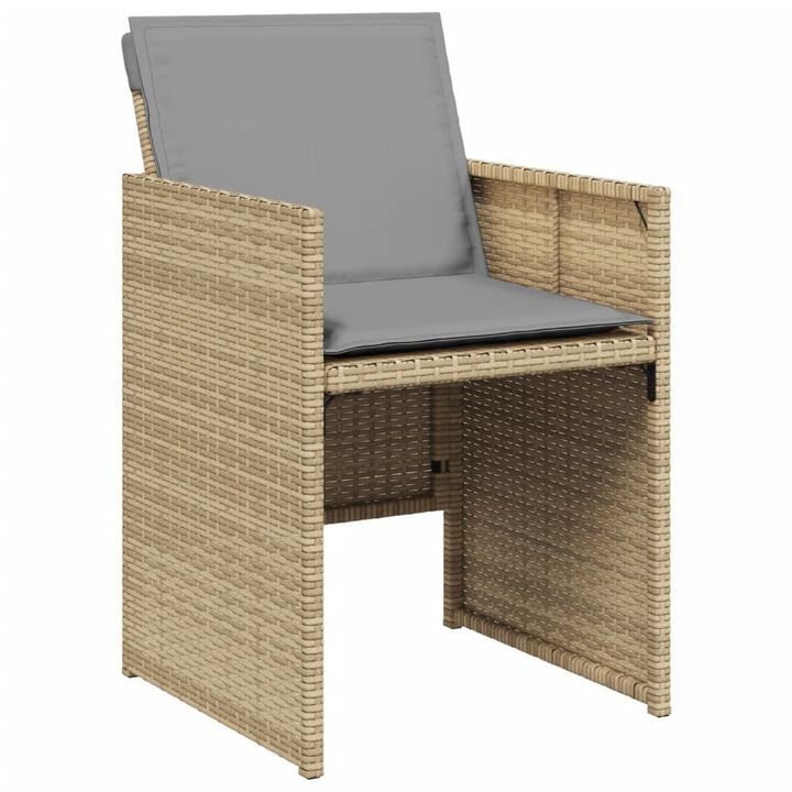 Outdoor Accent Chair Set of 4, Beige Rattan, Gray High Back Cushions - Benzara