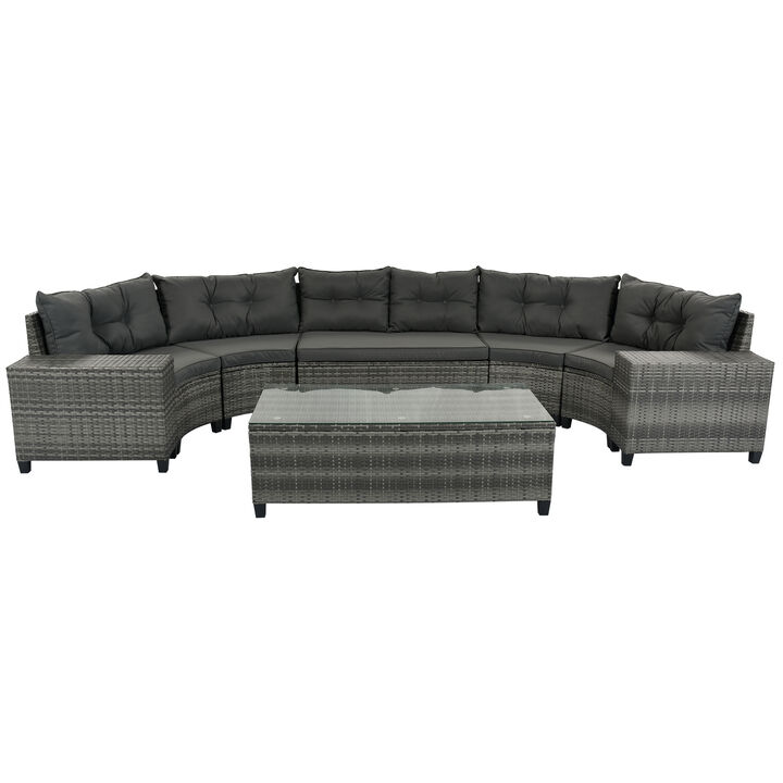 Merax 8-pieces Outdoor Wicker Round Sofa Set，Curved Sofa Set With Rectangular Coffee Table