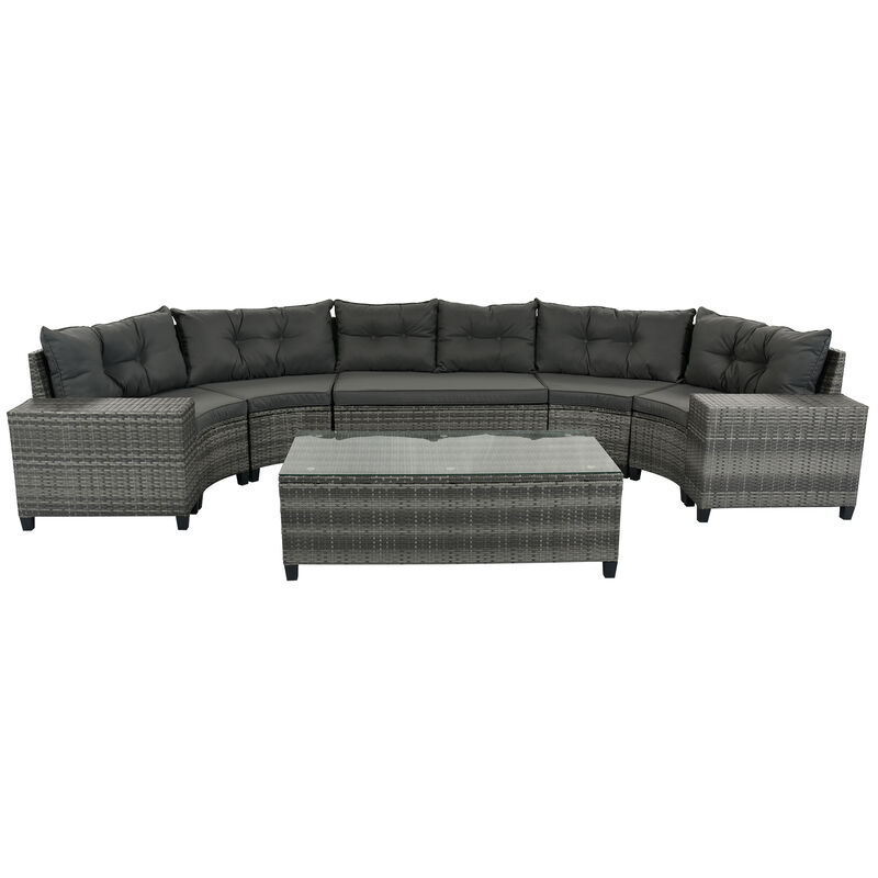 Merax 8-pieces Outdoor Wicker Round Sofa Set，Curved Sofa Set With Rectangular Coffee Table