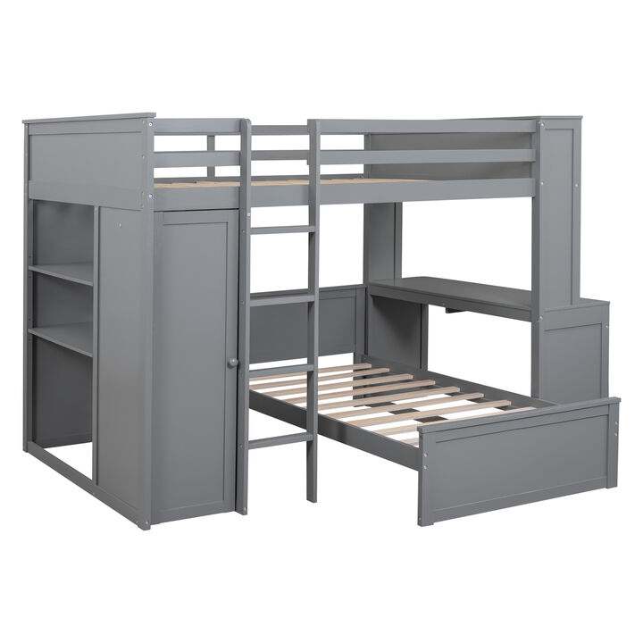 Full Size Loft Bed With A Twin Size Stand-Alone Bed, Shelves, Desk, And Wardrobe