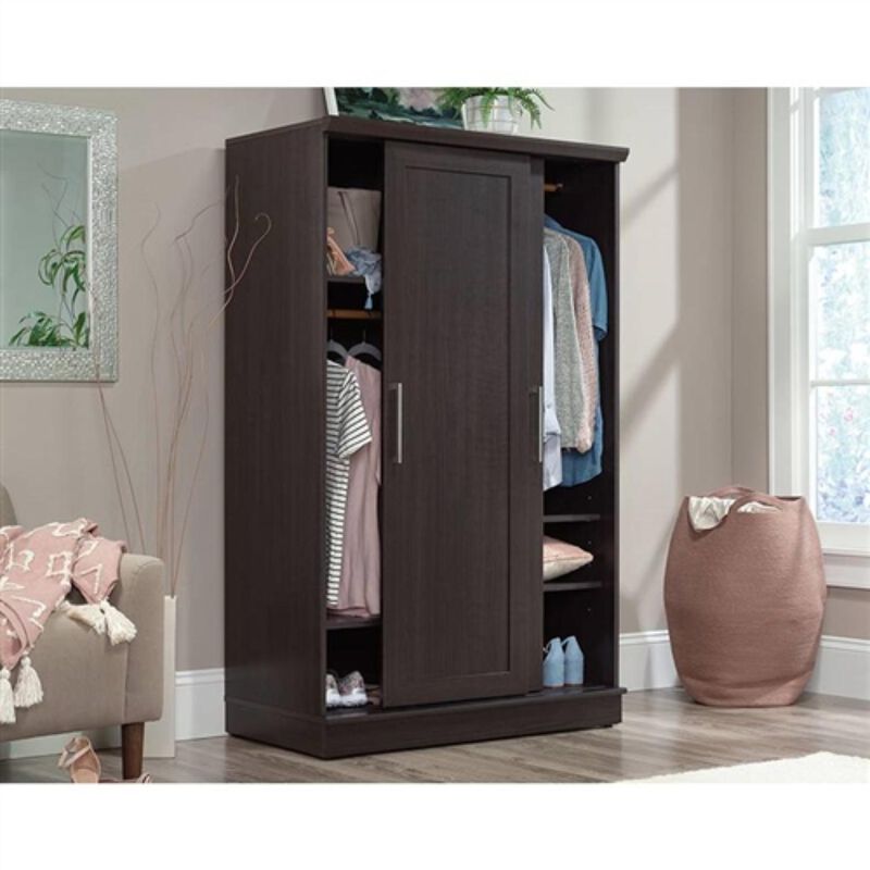 Hivvago FarmHouse Espresso Oak Sliding Doors Garment Rod Wardrobe Armoire