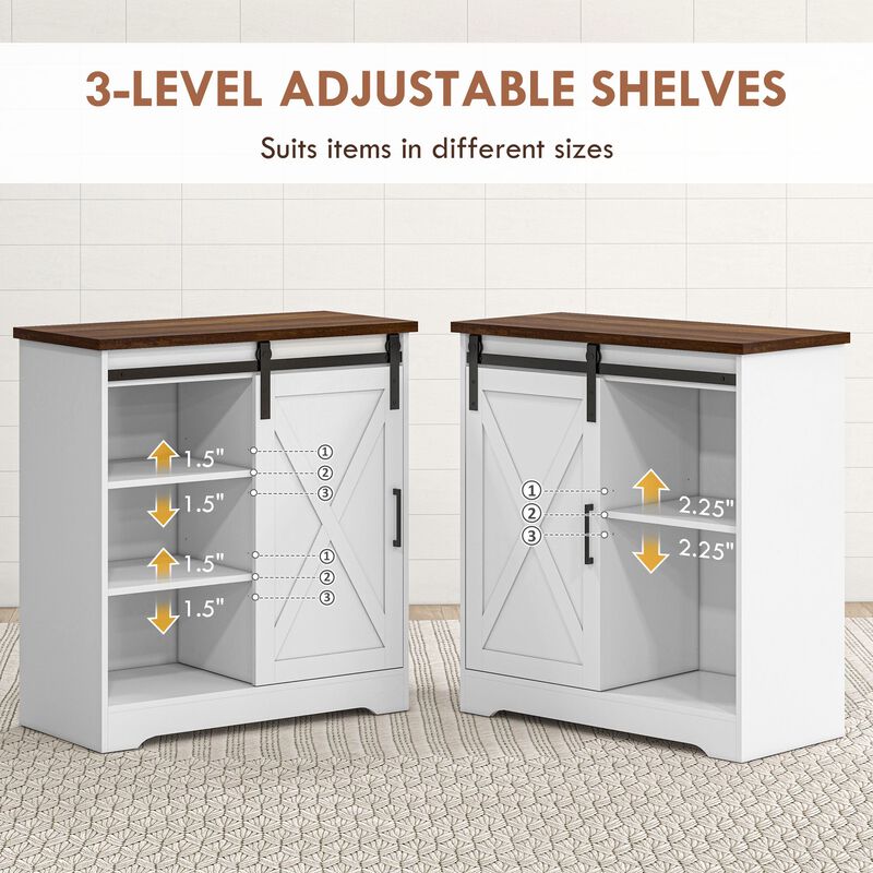 White Coffee Bar Cabinet: Sliding Barn Door, Adjustable Shelf