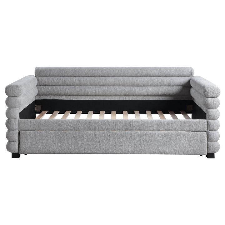 Ricia Twin Daybed with Twin Trundle, Layer Bolster Design, Gray Boucle - Benzara