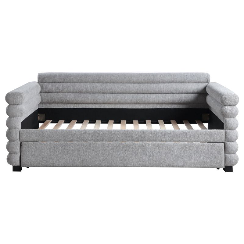 Ricia Twin Daybed with Twin Trundle, Layer Bolster Design, Gray Boucle - Benzara