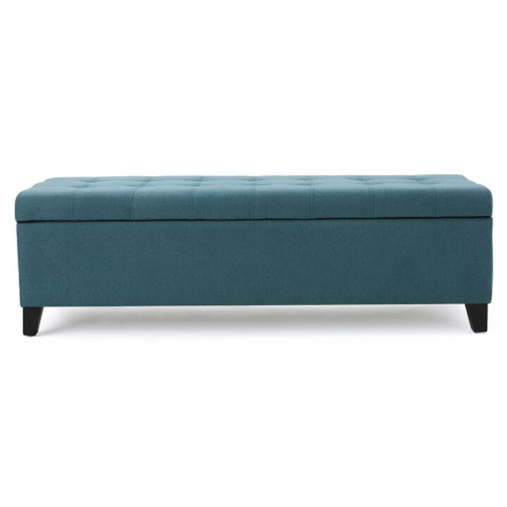 Nira Storage Ottoman Bench, Button Tufted Teal Blue Fabric, 51 Inch -Benzara