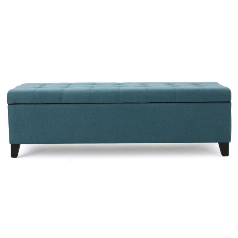 Nira Storage Ottoman Bench, Button Tufted Teal Blue Fabric, 51 Inch -Benzara