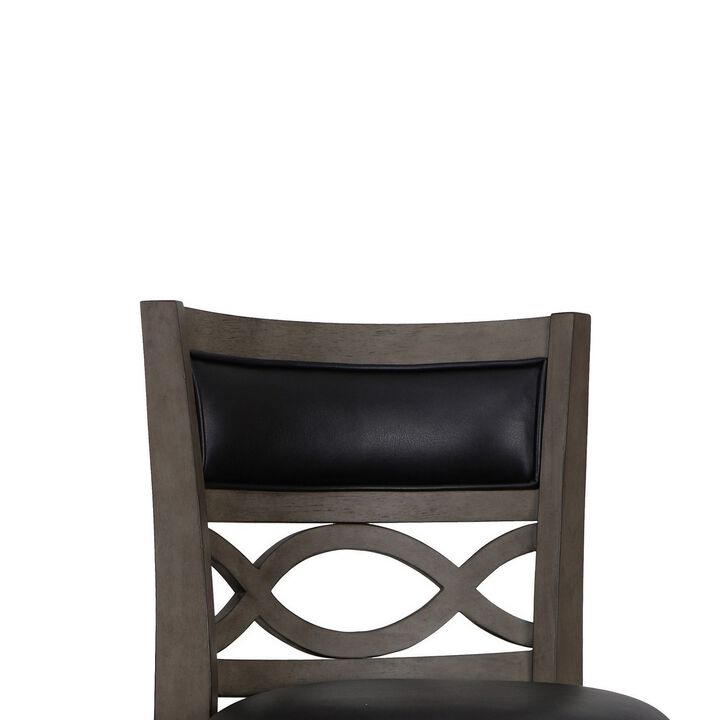 Curved Lattice Back Swivel Barstool with Leatherette Seat, Gray and Black-Benzara