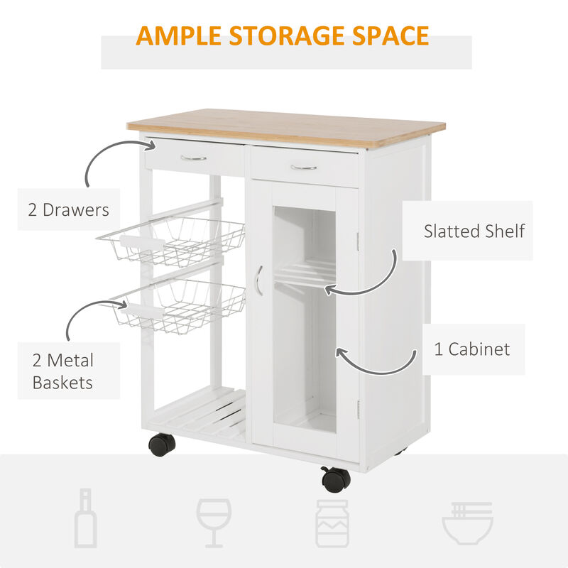 Rolling Kitchen Trolley Cart Bamboo Storage Cabinet Wire Basket Drawer