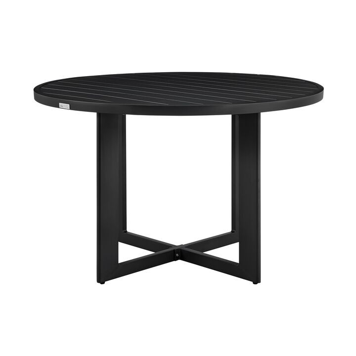 Ollie 48 Inch Patio Dining Table, Aluminum Frame and Round Tabletop, Black-Benzara