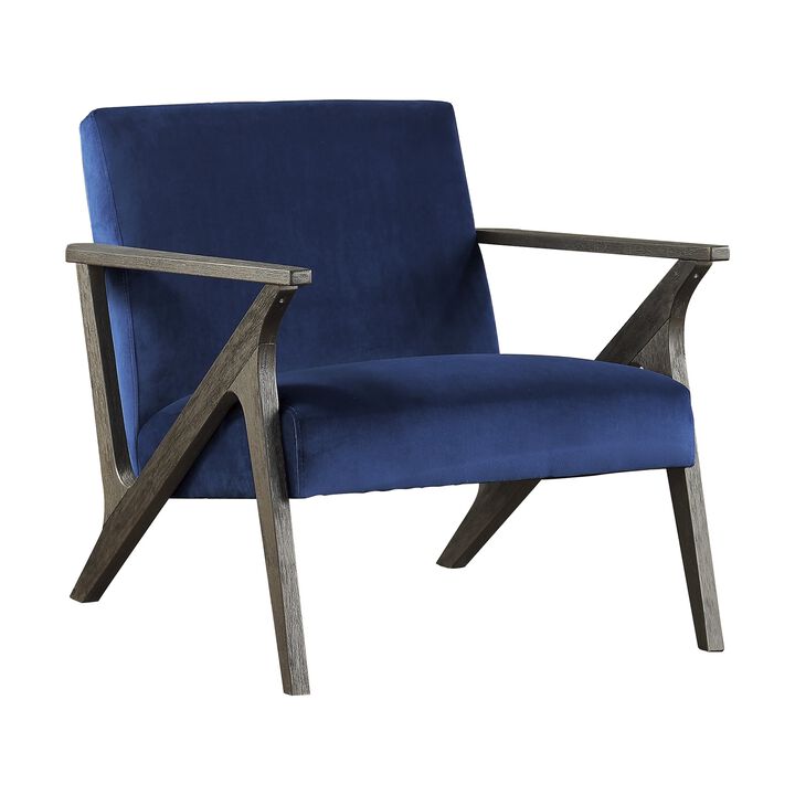 Esme 35 Inch Accent Chair Wood Armchair, Blue Velvet Cushioned Seat, Gray - Benzara