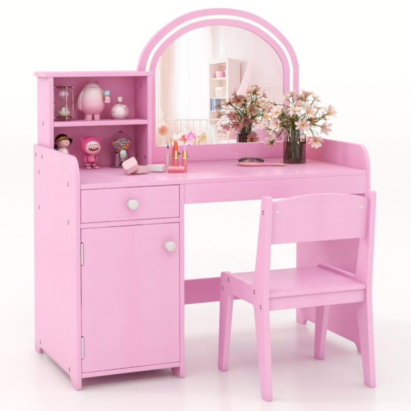 Hivvago Kids Vanity Table and Chair Set with Shelves Drawer and Cabinet-Pink
