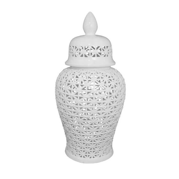 Paul 34 Inch Pierced Temple Jar with Lid, Intricate Pattern Ceramic, White - Benzara Paul 34 Inch Pierced Temple Jar with Lid, Intricate Pattern Ceramic, White - Benzara