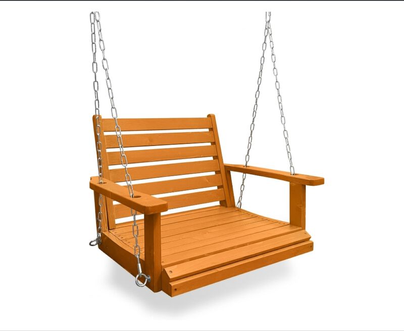 Solid Wood Porch Single Swing, Ergonomic Seat, Bench Swing with Hanging Chains and 7mm Springs, Heavy Duty 600 LBS, for Outdoor Patio Garden Yard ( 1-Seater)