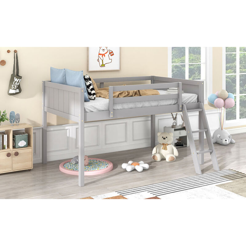 Twin Size Wood Low Loft Bed With Ladder, Ladder Can Be Placed On The Left Or Right