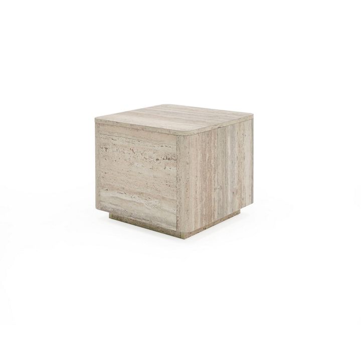 Benjara Lia 20 Inch End Table, Square Travertine Stone Finish Laminated Top, Natural Gray