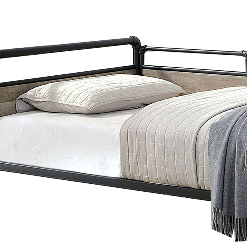 Industrial Pipe Design Metal Daybed with Wooden Panels, Black-Benzara