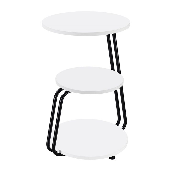 26 Inch Side End Table, 3 Tier Design, Black Metal Frame, White Finish - Benzara