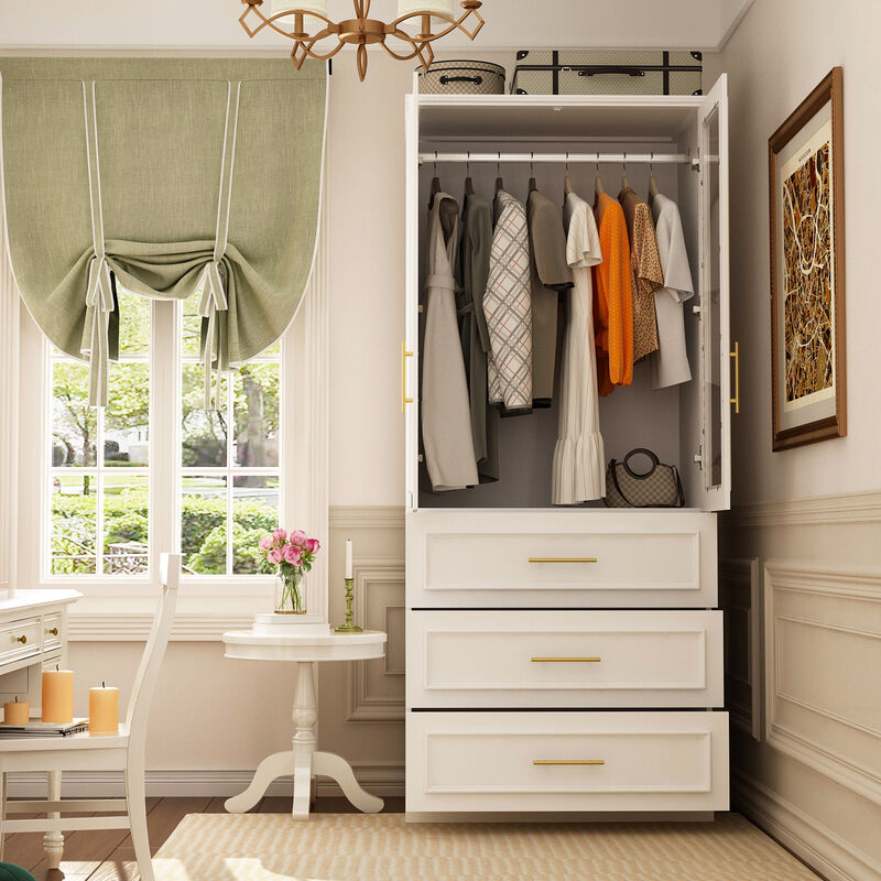 FUFU&GAGA  Elegant Armoire with Glass Doors, Hanging Rods, and Spacious Drawers for Organized Bedroom Storage (31.7" W x 19.3" D x 74.9" H) White