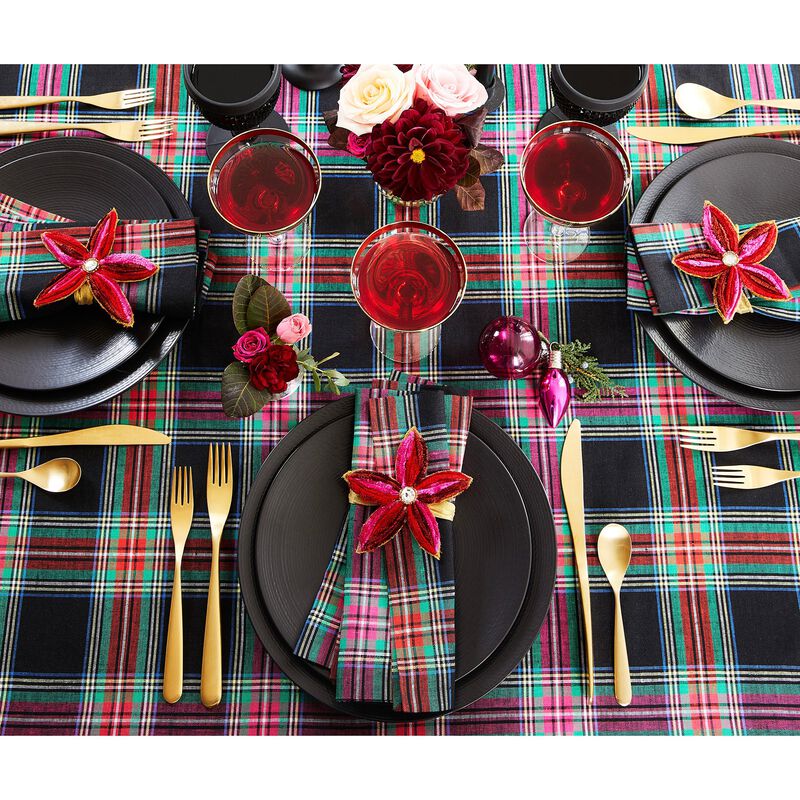 Solino Home Christmas Table Throw 52 x 52 Inch - 100% Pure Linen Black Jewel Plaid Tablecloth