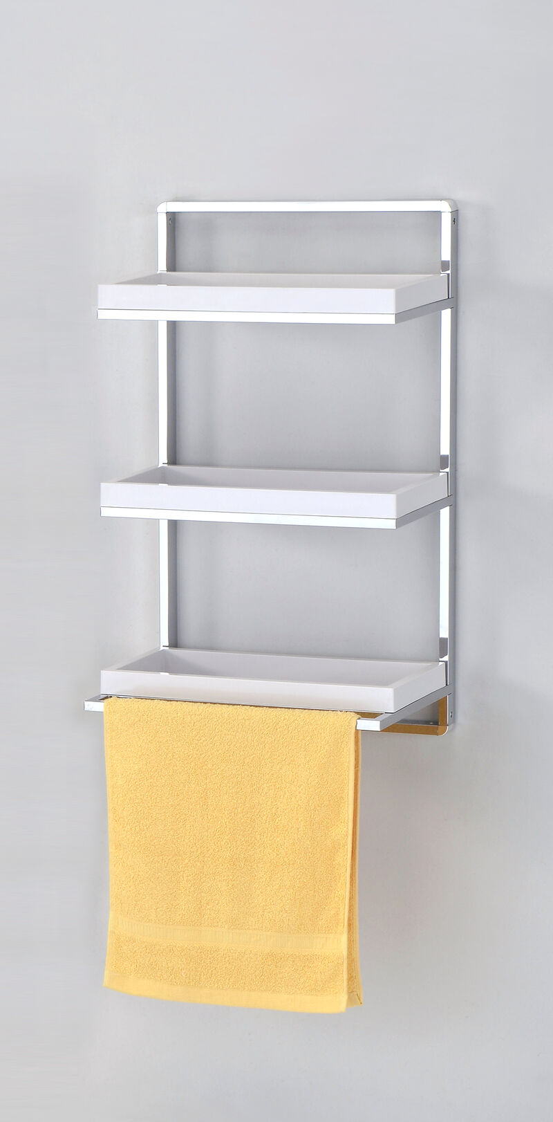 Wall Mount 3-Tier White and Chrome Bathroom Shelf with Towel Bar and Removable Trays