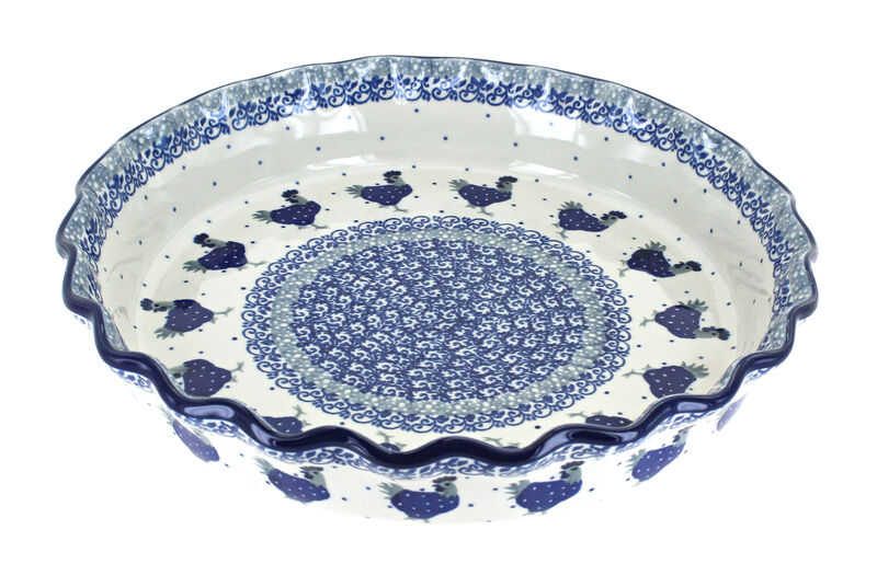 Blue Rose Polish Pottery Barnyard Rooster Pie Plate