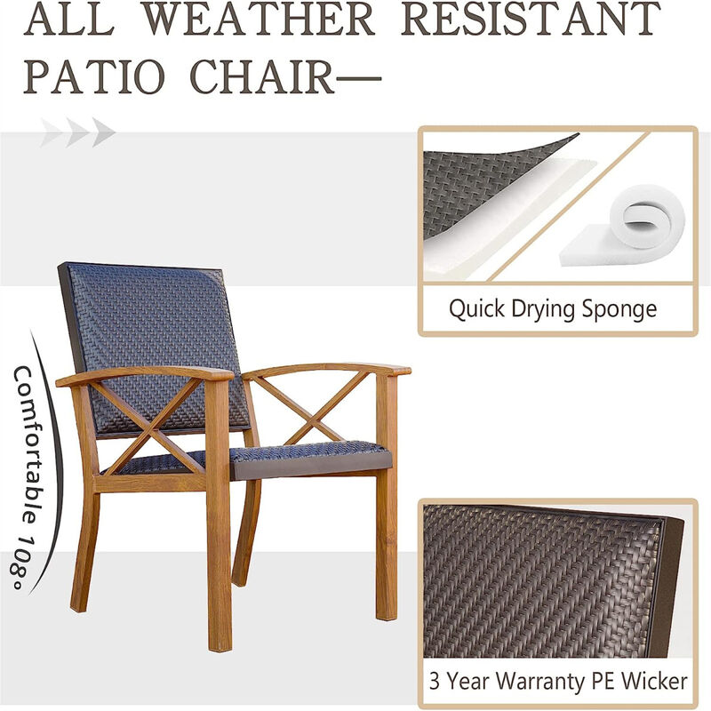 3-Piece Patio Bistro Set with Wood Grain Aluminum Wicker & Beige Sunbrella Pillows
