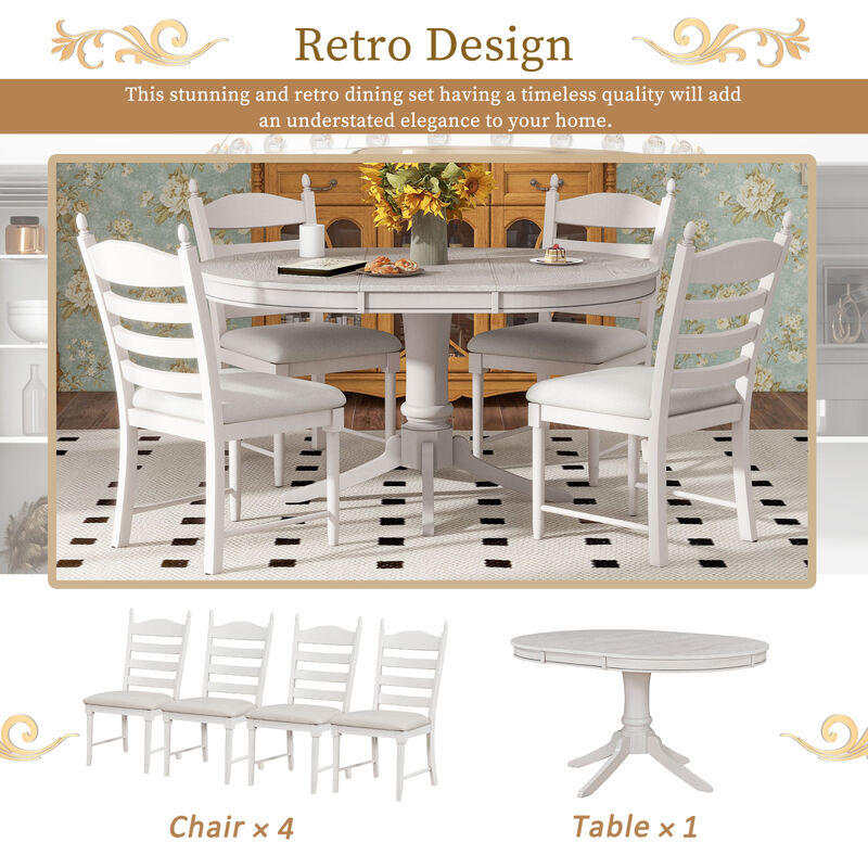 5-Piece Retro Functional Dining Table Set Wood Round Extendable Dining Table And 4
