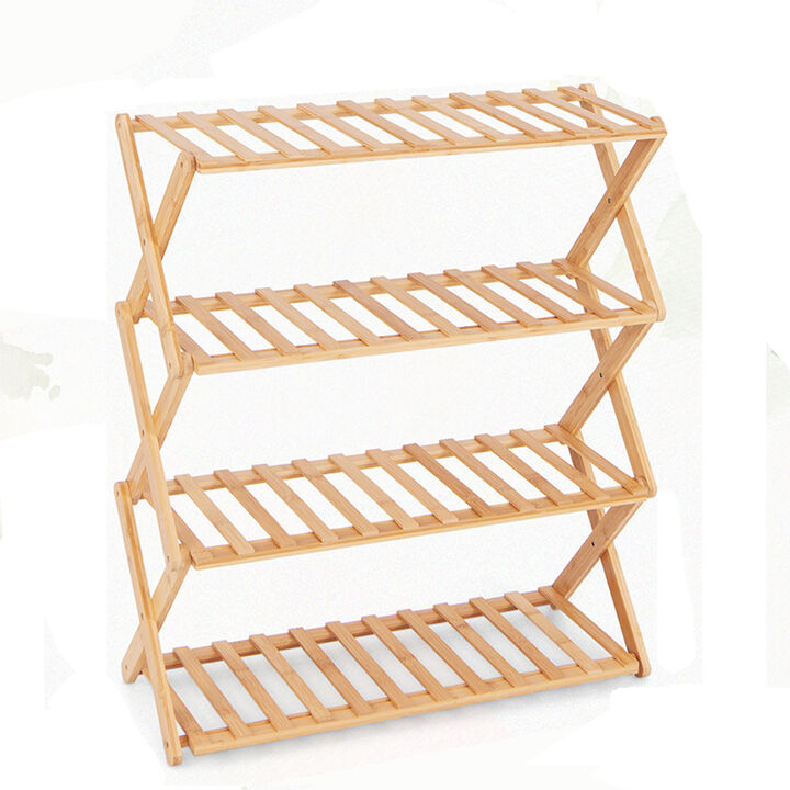 4-Tier Foldable Bamboo Shoe Rack with Slatted Shelves-Natural