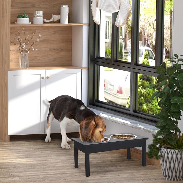 Black Canine Diner: 23"L Wooden Stand with Stainless Steel Pet Bowls