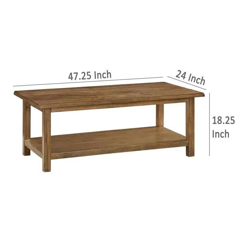 Ayne Coffee Table, 1 Shelf, Distressed Brown Wood Frame, 47 Inch - Benzara