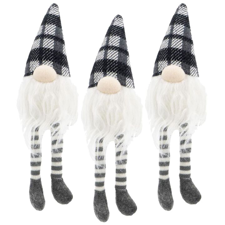 Fabric Gnome Decorations, 3-Piece Sitting Set with Gray Plaid Hats, Christmas Table Decor, White + Gray
