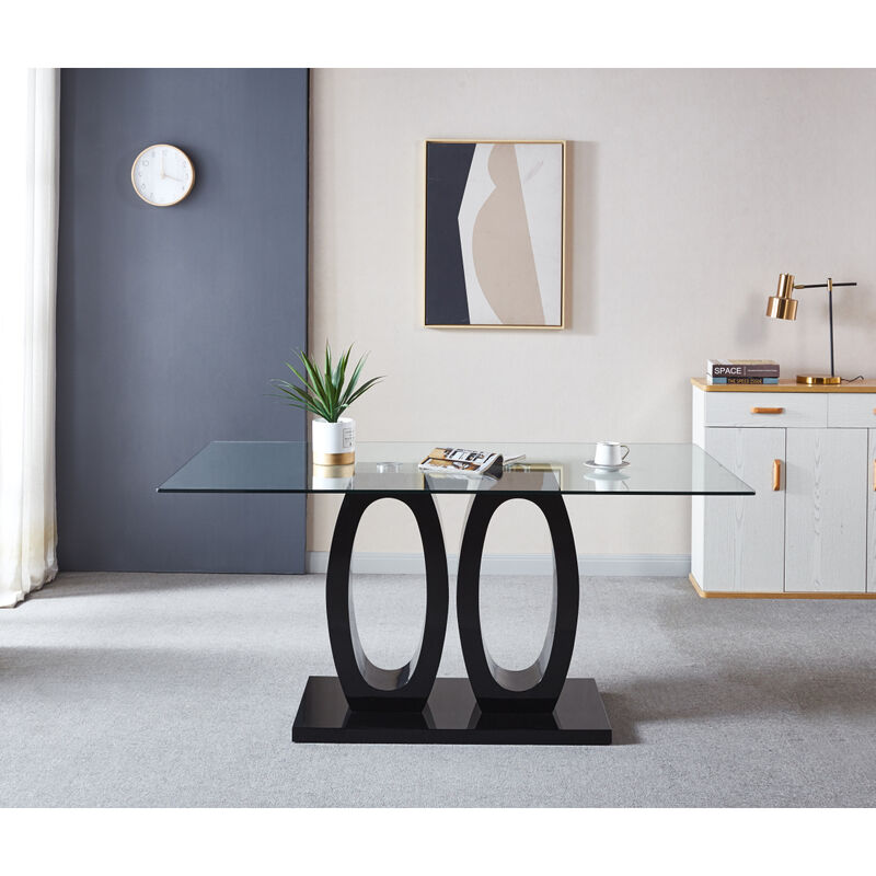 Contemporary Tempered Glass Top Double Pedestal Dining Table, Size 63 X 35.4 X 29.5